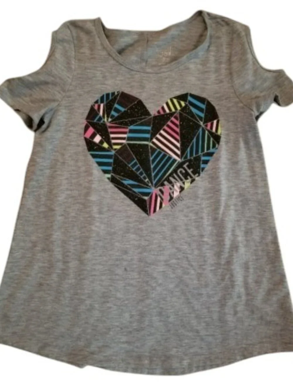 JUSTICE ACTIVE Gray Sparkly Heart Open Shoulder Top Girls Size 7